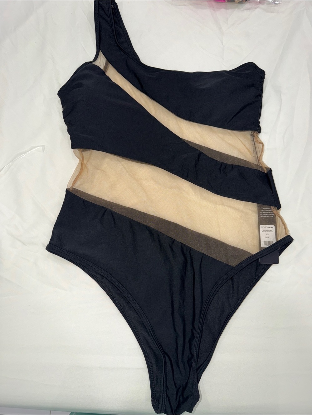 Fashion Nova Black One-Shoulder Mesh Cutout One-Piece Swimsuit size large